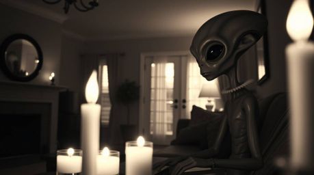 A captivating black and white photograph depicts an alien residing in a suburban home, bathed in the warm, flickering light o