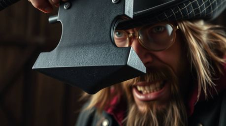 This high-resolution stock photo features a tight close-up shot of an anvil poised to drop on a trickster character. The imag