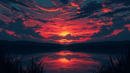 An Isekai anime style illustration showcases a serene lake mirroring a vivid sunset sky, but with an unsettling twist.  The a