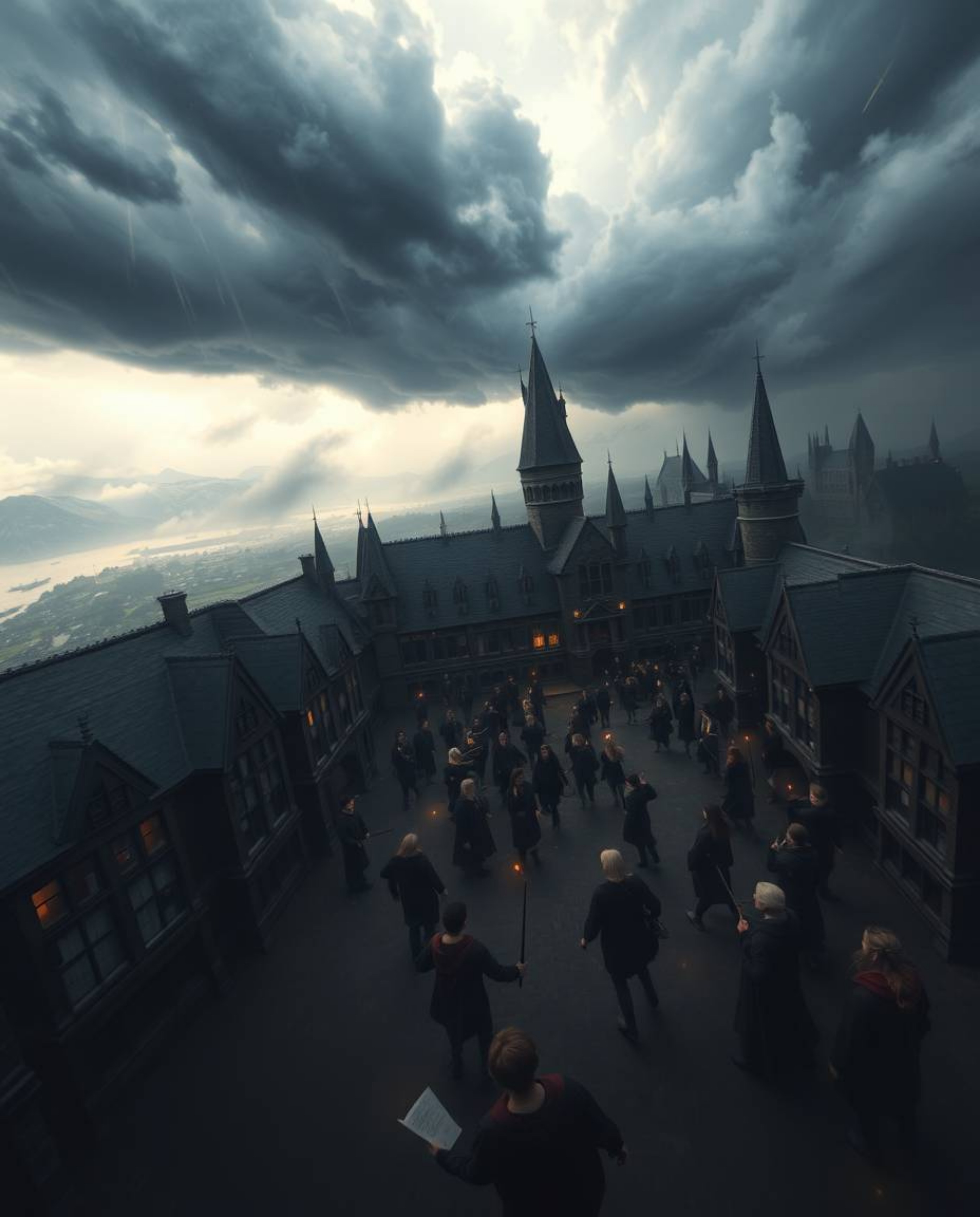 Experience the intense drama of a magical school for young wizards, viewed from a high-angle perspective.  Stormy skies and h