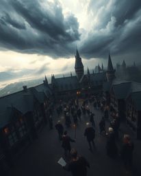 Experience the intense drama of a magical school for young wizards, viewed from a high-angle perspective.  Stormy skies and h