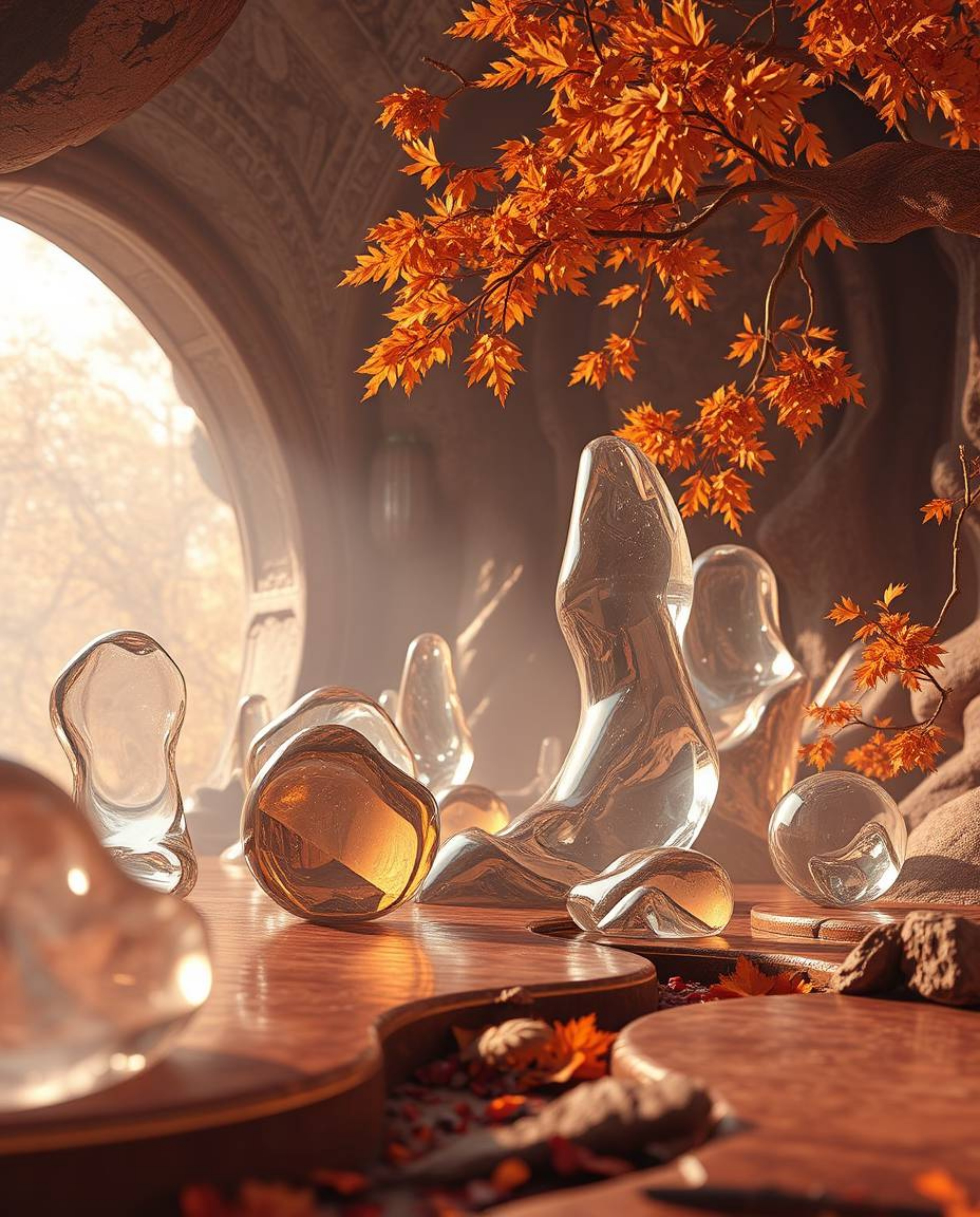 This captivating 3D render depicts surreal, fluid shapes resembling melted glass within an enchanting sci-fi environment. The