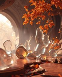 This captivating 3D render depicts surreal, fluid shapes resembling melted glass within an enchanting sci-fi environment. The