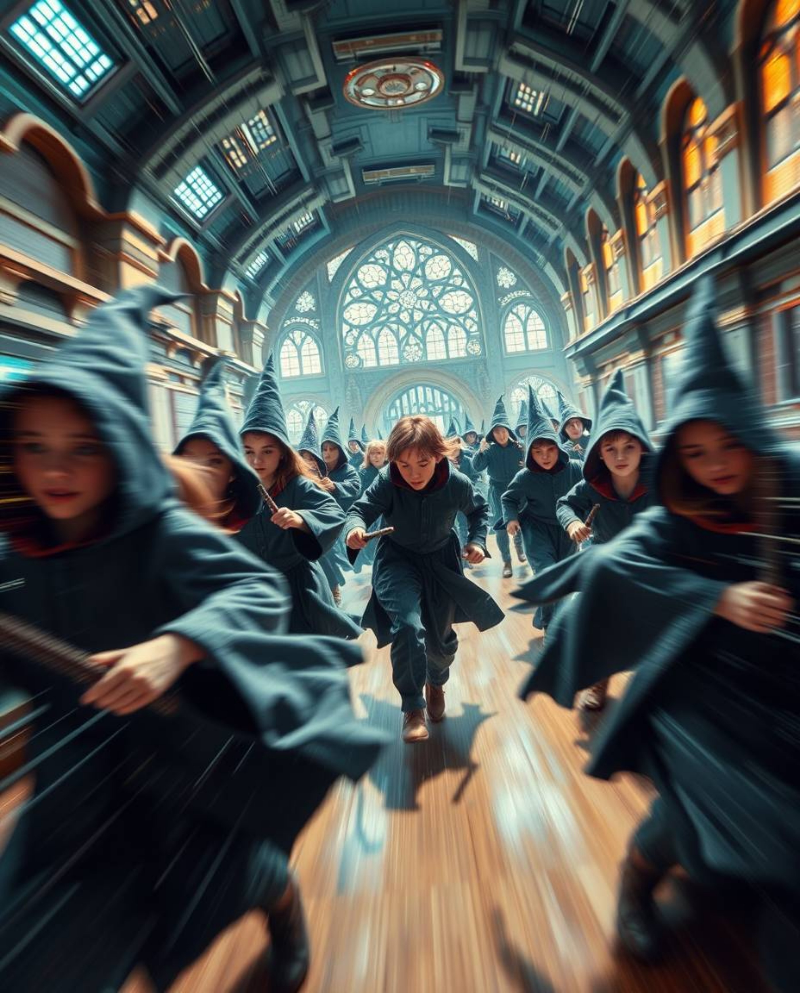 Experience a captivating blend of magic and futuristic technology in this dynamic artwork.  A magical school brimming with yo