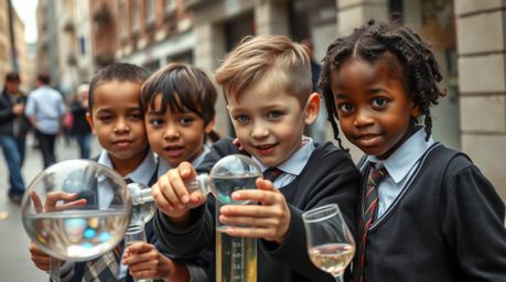 Candid street photography captures a group of quirky kids with unique features and varied skin tones, all clad in school unif