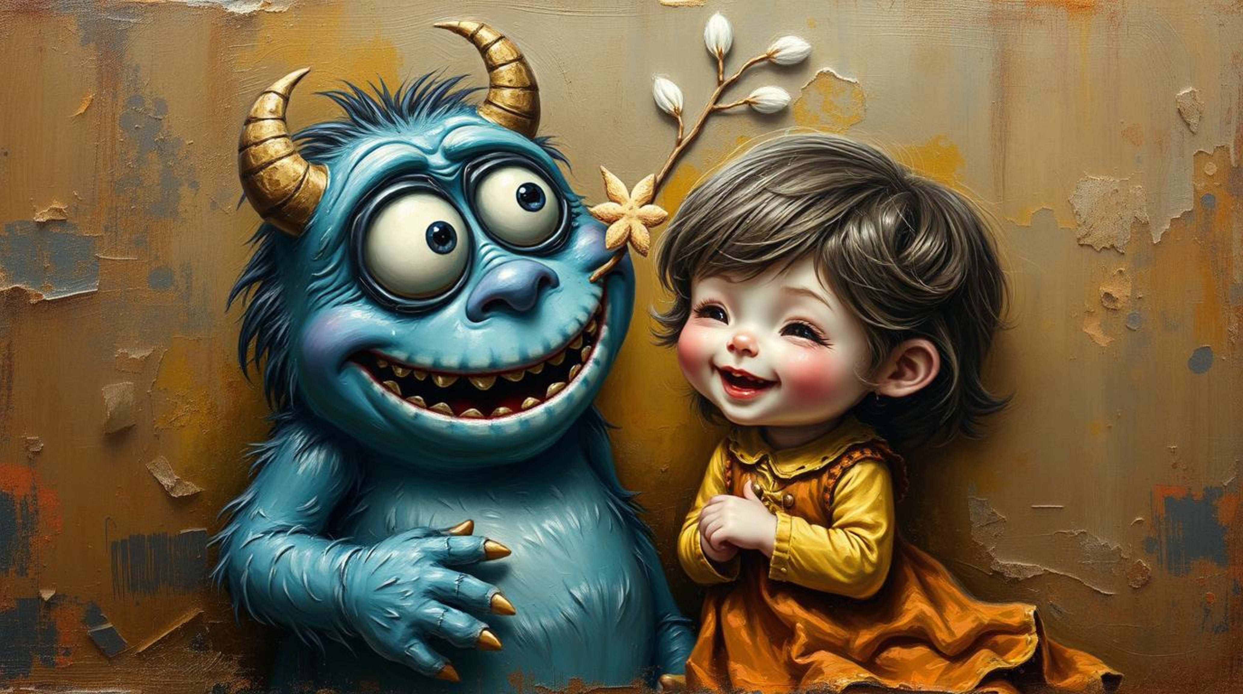 A charming classic oil painting depicting an adorable monster and a child forming an unlikely friendship.  Rich textures and 
