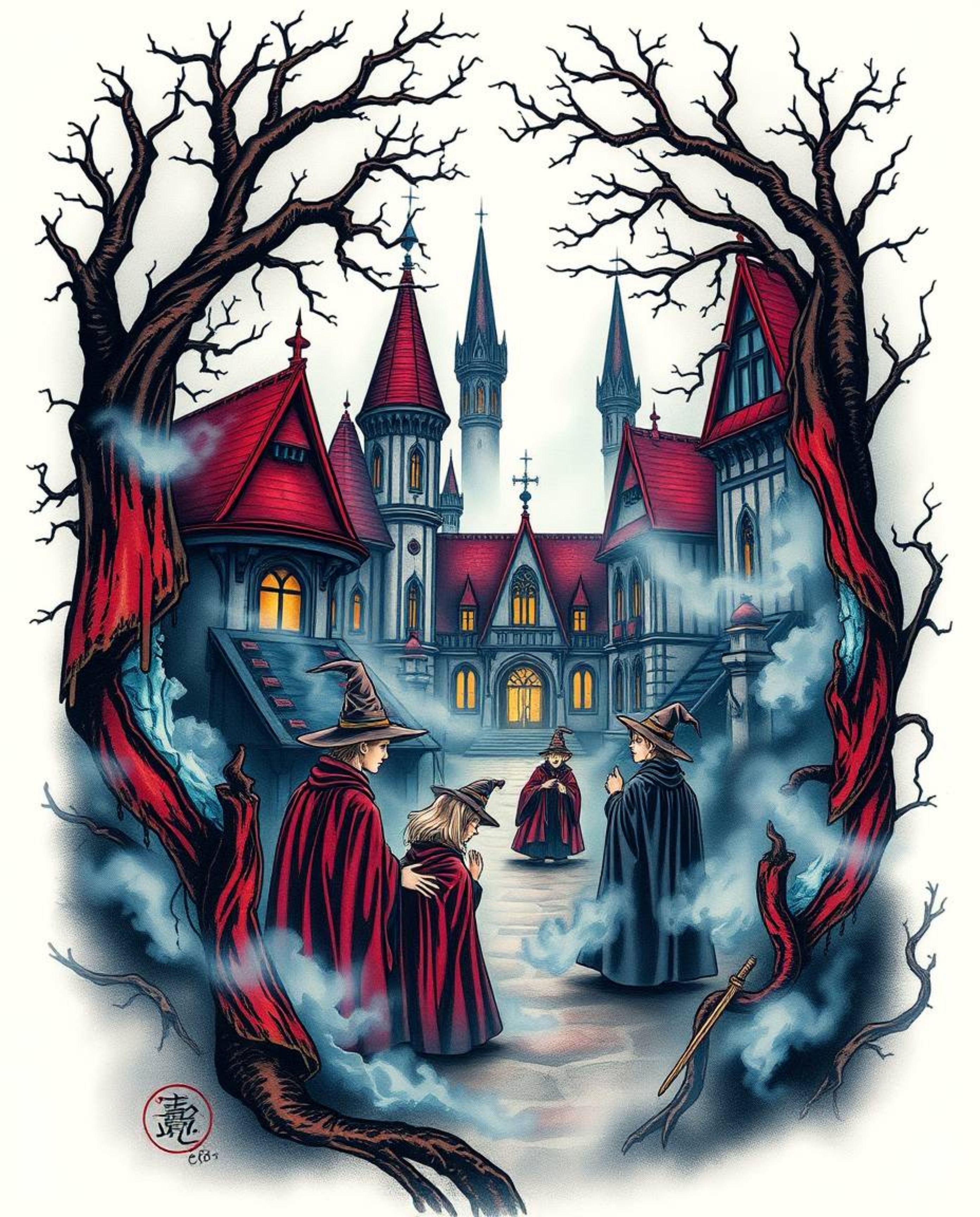 This art print showcases a traditional tattoo design featuring a magical school teeming with young wizards.  Set within a thi