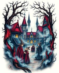 This art print showcases a traditional tattoo design featuring a magical school teeming with young wizards.  Set within a thi