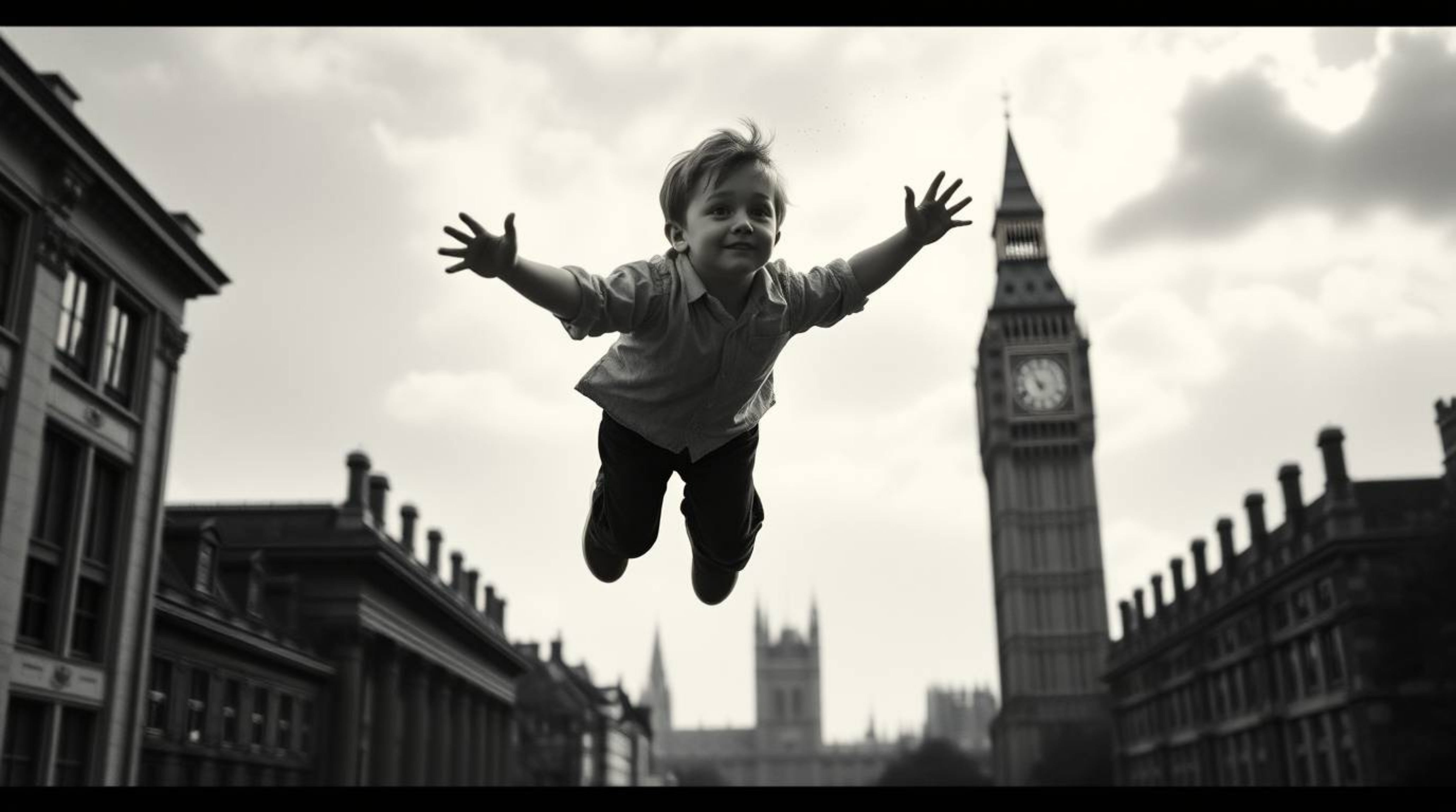 A classic black and white cinematic depiction of a young boy with light skin gracefully flying above London, propelled by shi