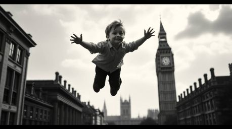 A classic black and white cinematic depiction of a young boy with light skin gracefully flying above London, propelled by shi