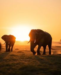 A long exposure photograph of elephants walking across a field at sunset, captured with strong hard light. The image features