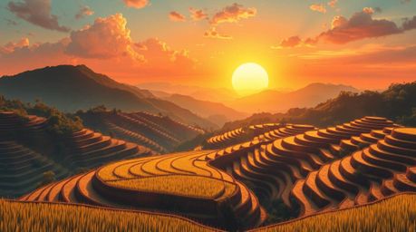 This artwork captures a breathtaking sunset scene over mountainous rice terraces, illuminated with glowing bioluminescent col