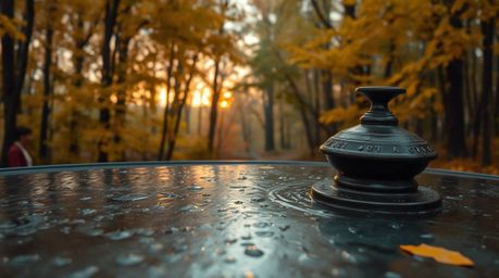 A captivating image of a bronze sculpture in an autumn forest, bathed in the golden light of a setting sun.  Drizzling rain a
