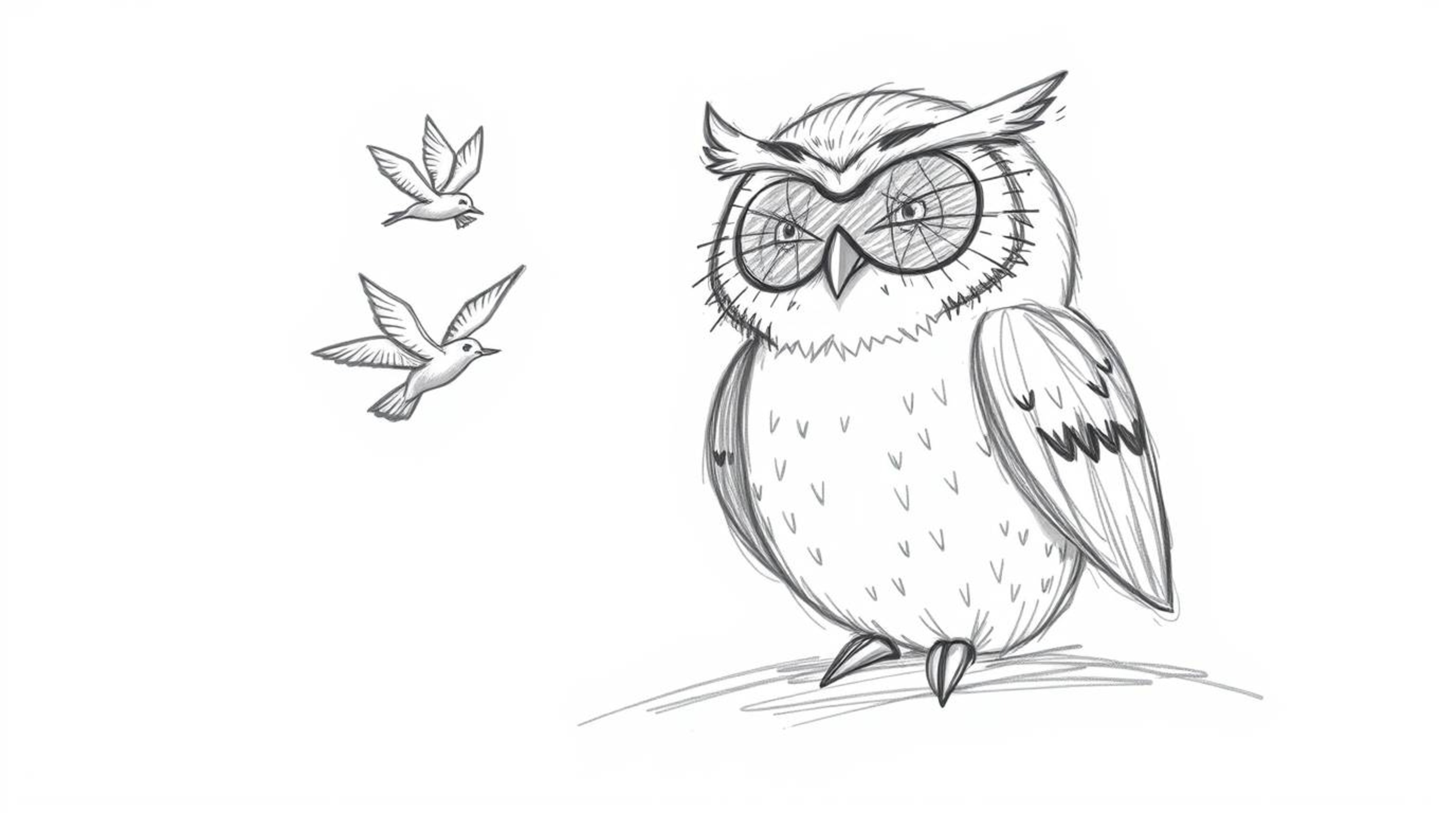 A heartwarming hand-drawn sketch reminiscent of Pixar, depicting a wise, blind owl with gentle features patiently guiding you