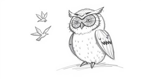 A heartwarming hand-drawn sketch reminiscent of Pixar, depicting a wise, blind owl with gentle features patiently guiding you