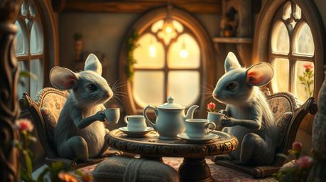 Capture the enchanting scene of anthropomorphic mice enjoying a serene tea party within a cozy cottage. This high-resolution 