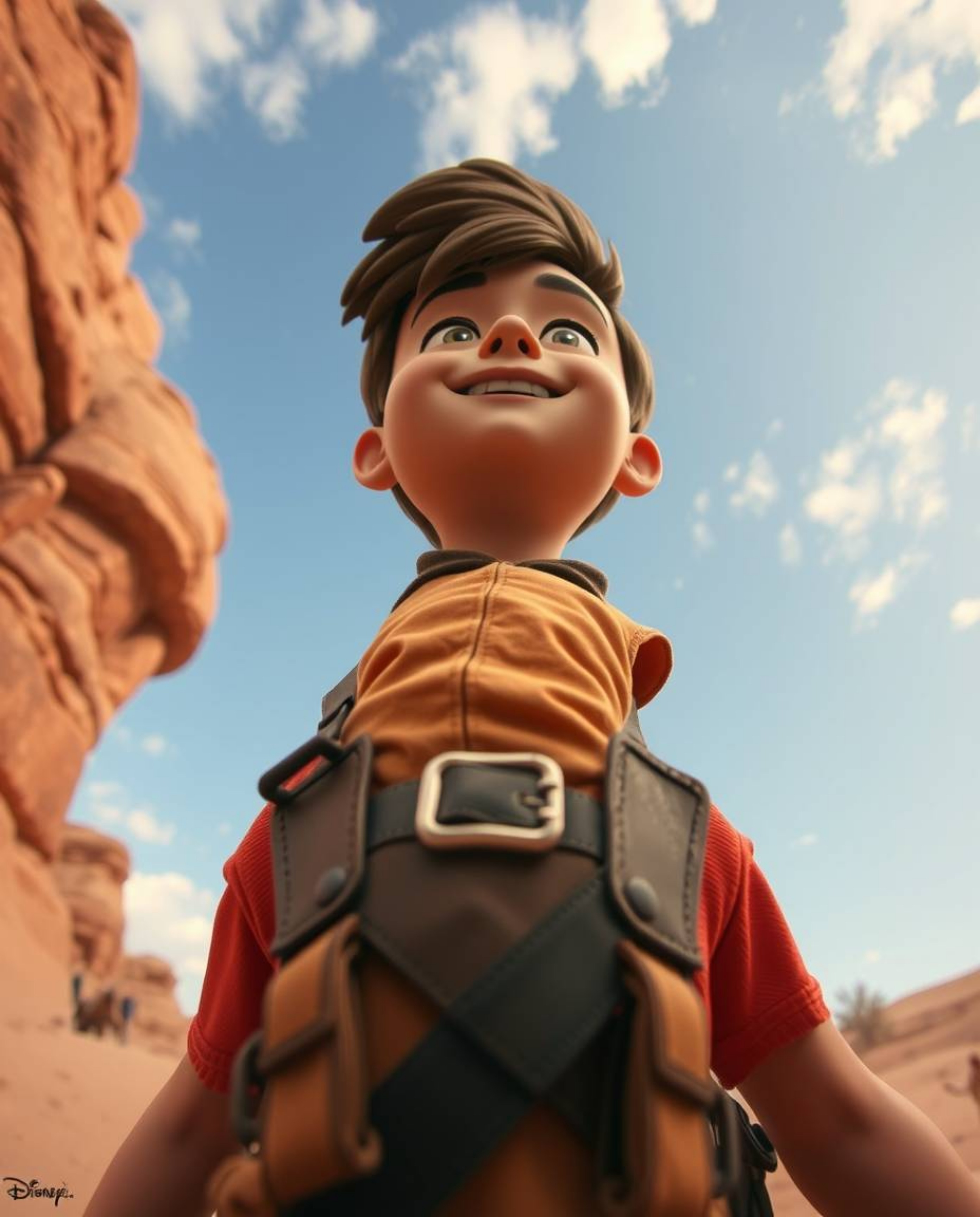 Embark on a thrilling desert adventure with a brave Disney-style hero. This image features a low angle perspective, showcasin