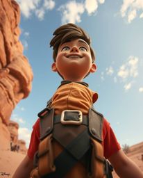 Embark on a thrilling desert adventure with a brave Disney-style hero. This image features a low angle perspective, showcasin