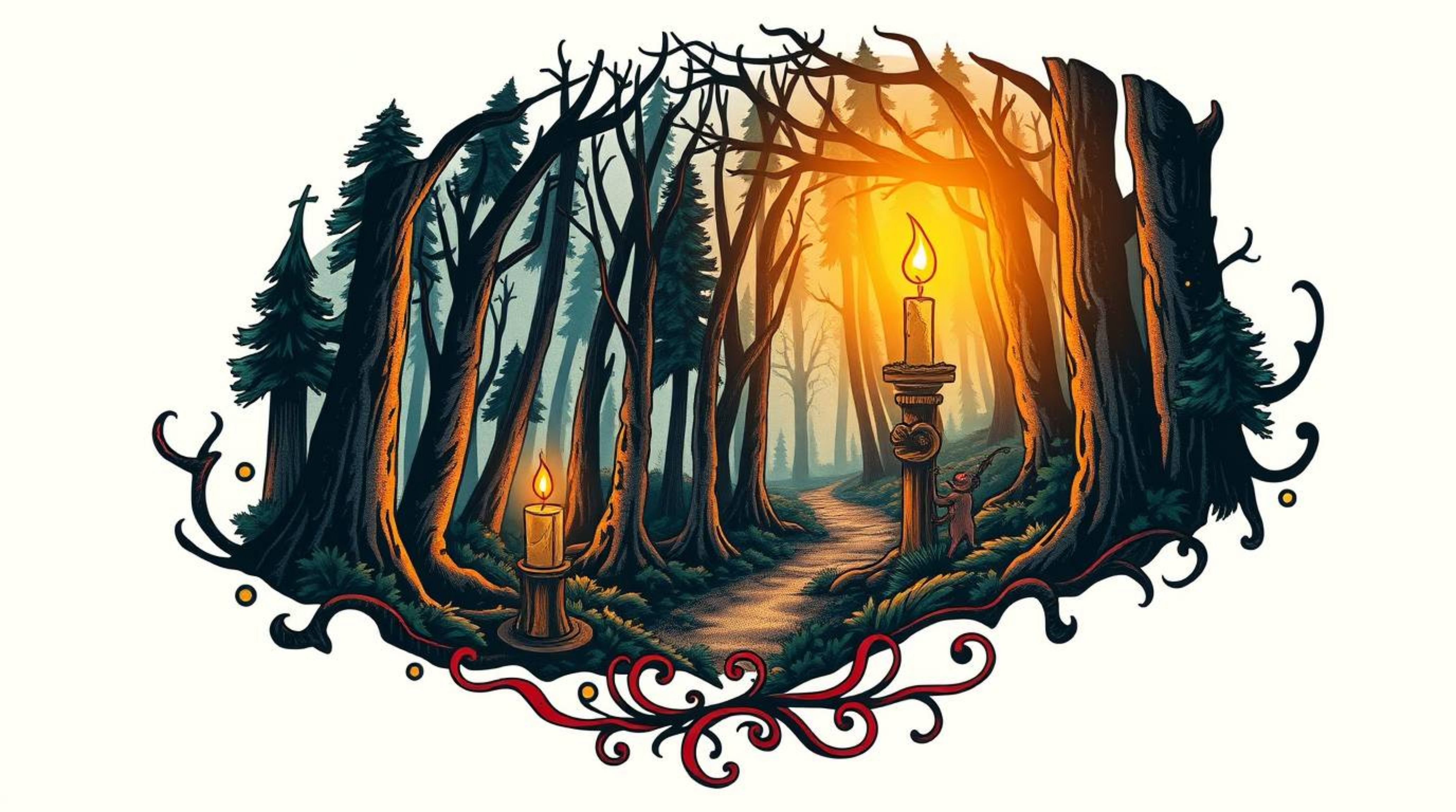A vibrant and symbolic traditional tattoo art print showcases a dramatic chase scene through a looping forest background.  Wa