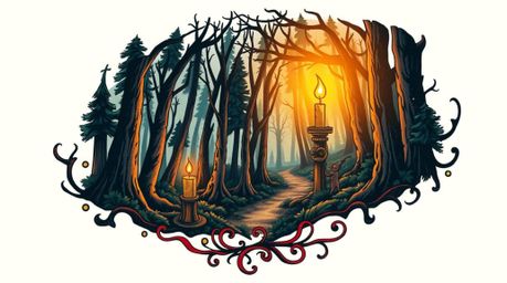 A vibrant and symbolic traditional tattoo art print showcases a dramatic chase scene through a looping forest background.  Wa
