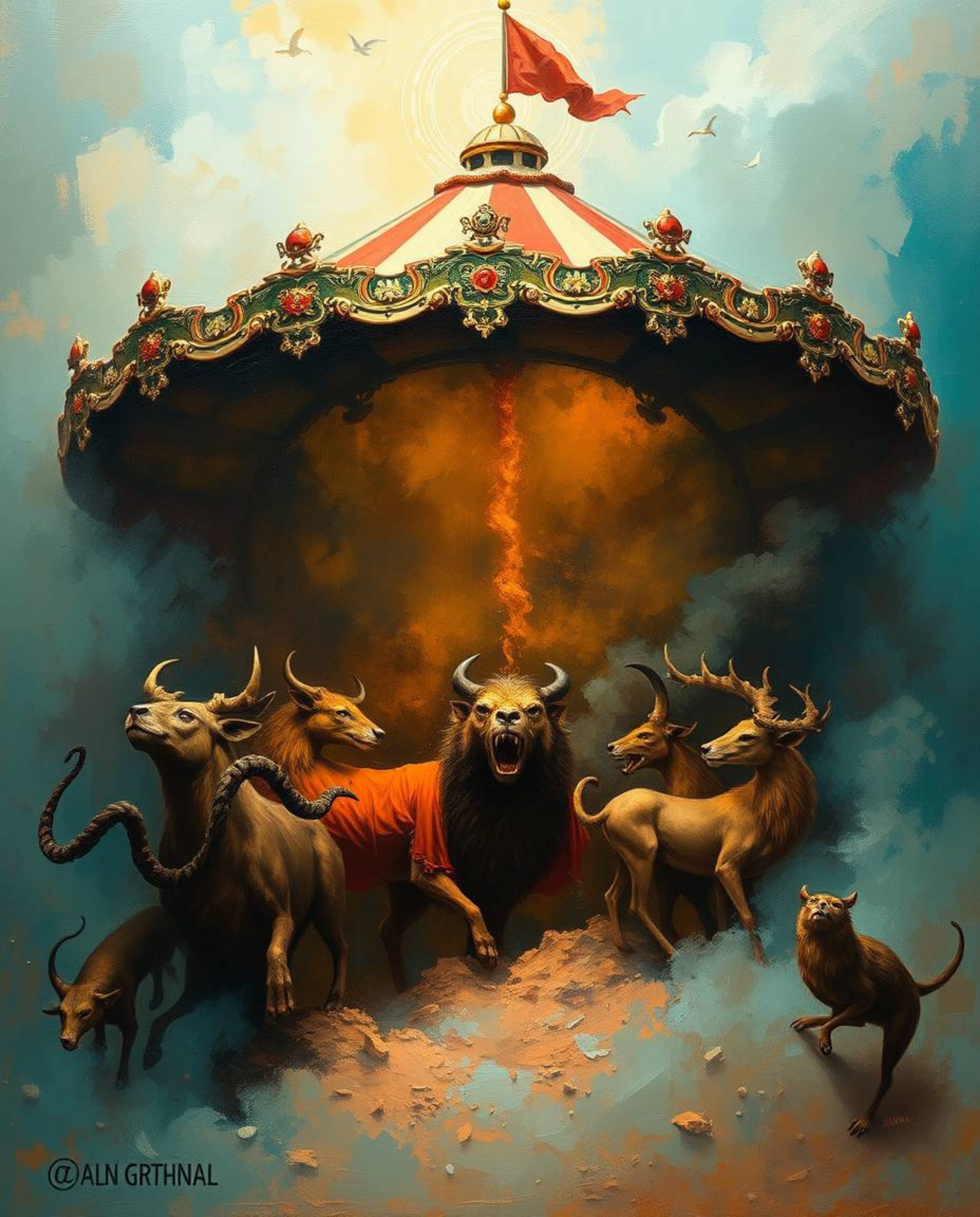 This classic oil painting depicts a captivating carnival overrun by wild animals in an ethereal and spiritual style. The artw
