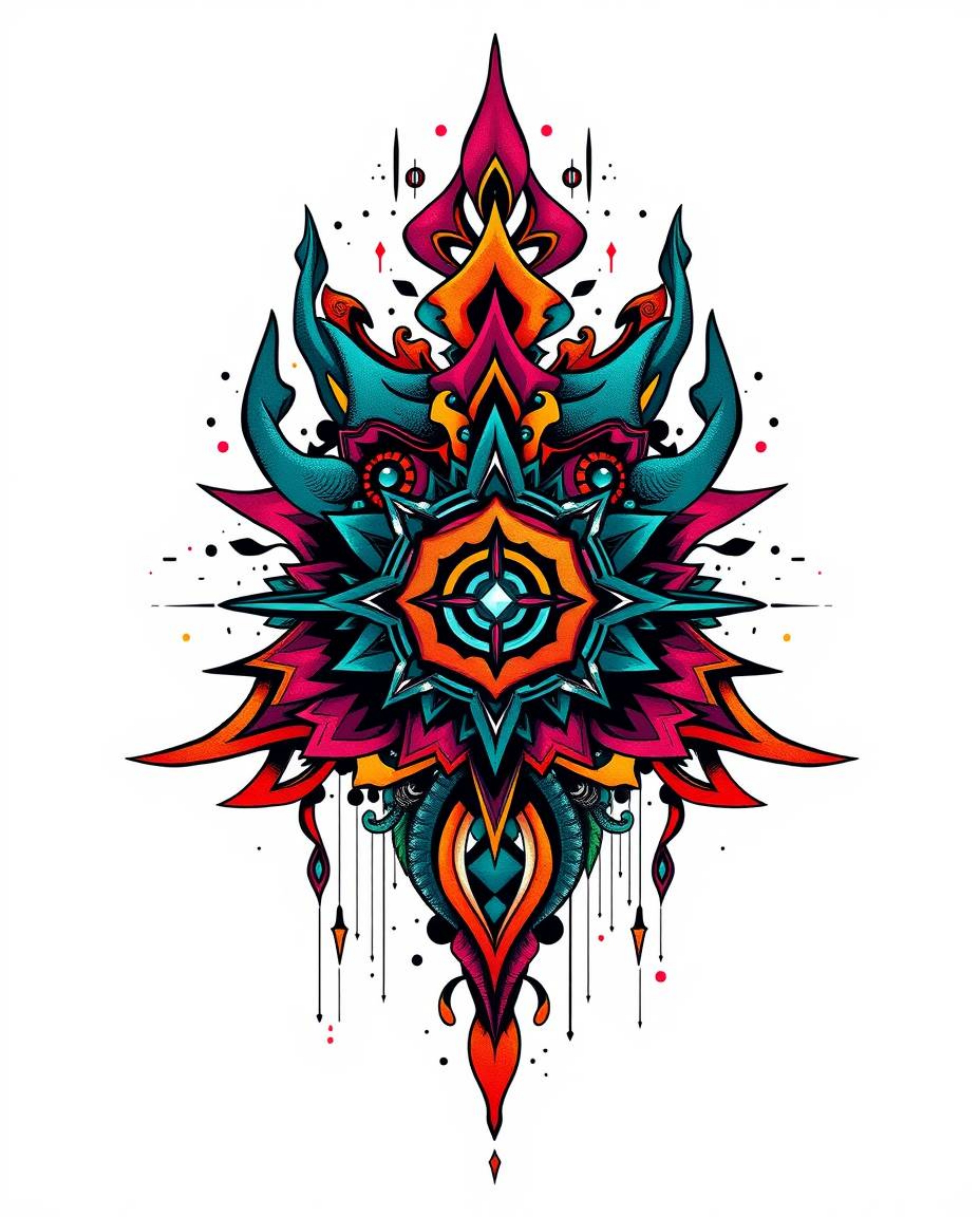 This high-angle perspective art print showcases a symbolic traditional tattoo design with a modern twist. Vibrant colors and