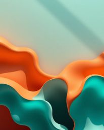 This abstract composition features a captivating interplay between warm terracotta and cool teal 3D fluid shapes, contrasted 