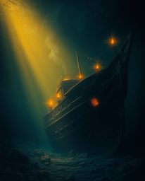 Explore a captivating underwater shipwreck scene, bathed in the warm glow of candlelight and flickering flames. This evocativ