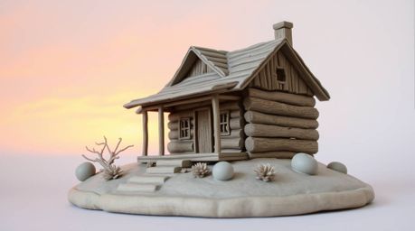 A captivating clay sculpture depicts an old wooden cabin bathed in the warm glow of a sunset.  Pastel colors create a soft an