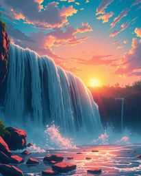 An isekai anime-style cinematic scene captures a dramatic waterfall with a setting sun. This artwork features a film-like com