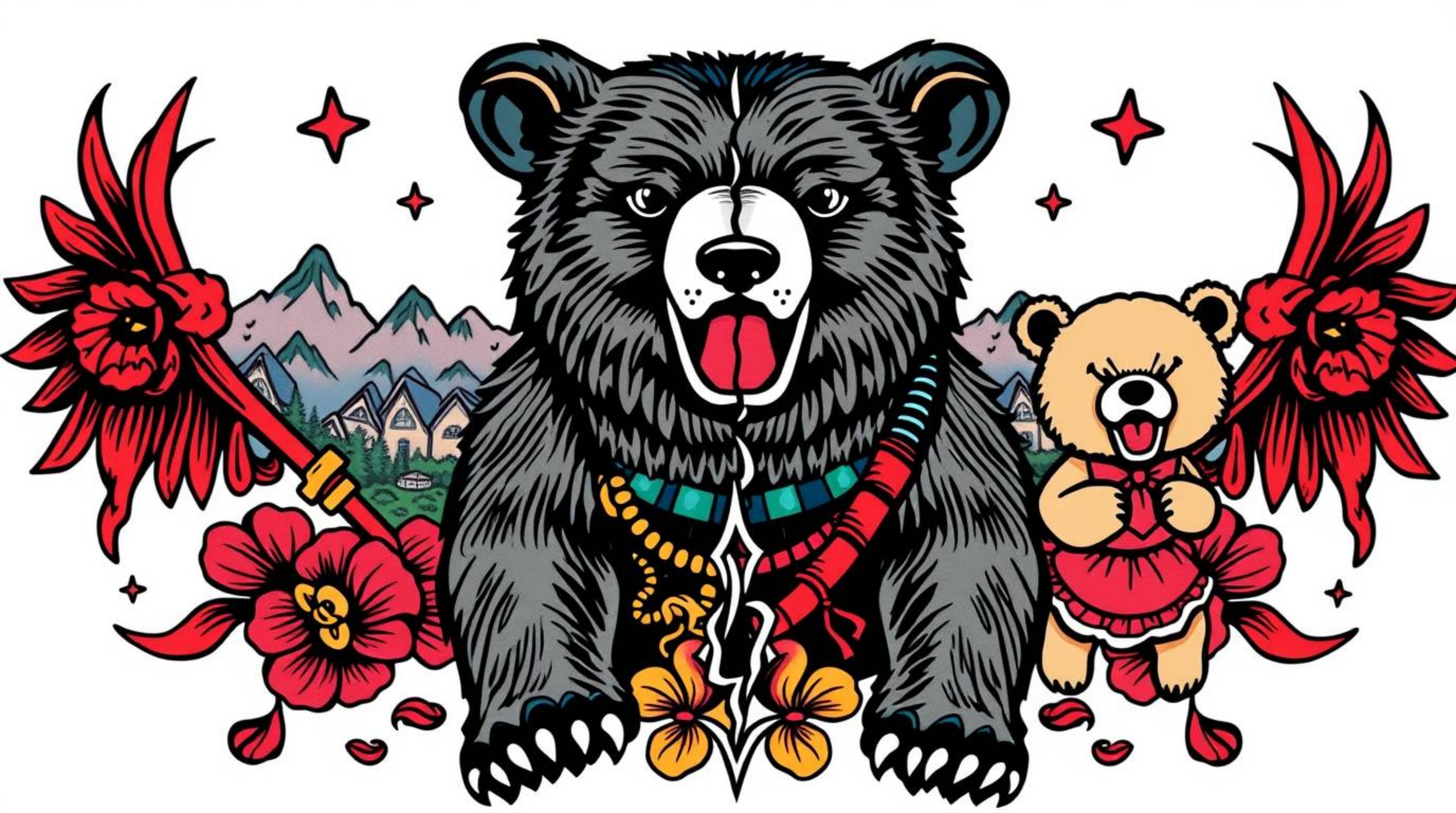 This vibrant tattoo art print showcases a traditional symbolic design of a bear family embarking on an urban adventure.  The 