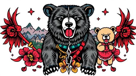 This vibrant tattoo art print showcases a traditional symbolic design of a bear family embarking on an urban adventure.  The 
