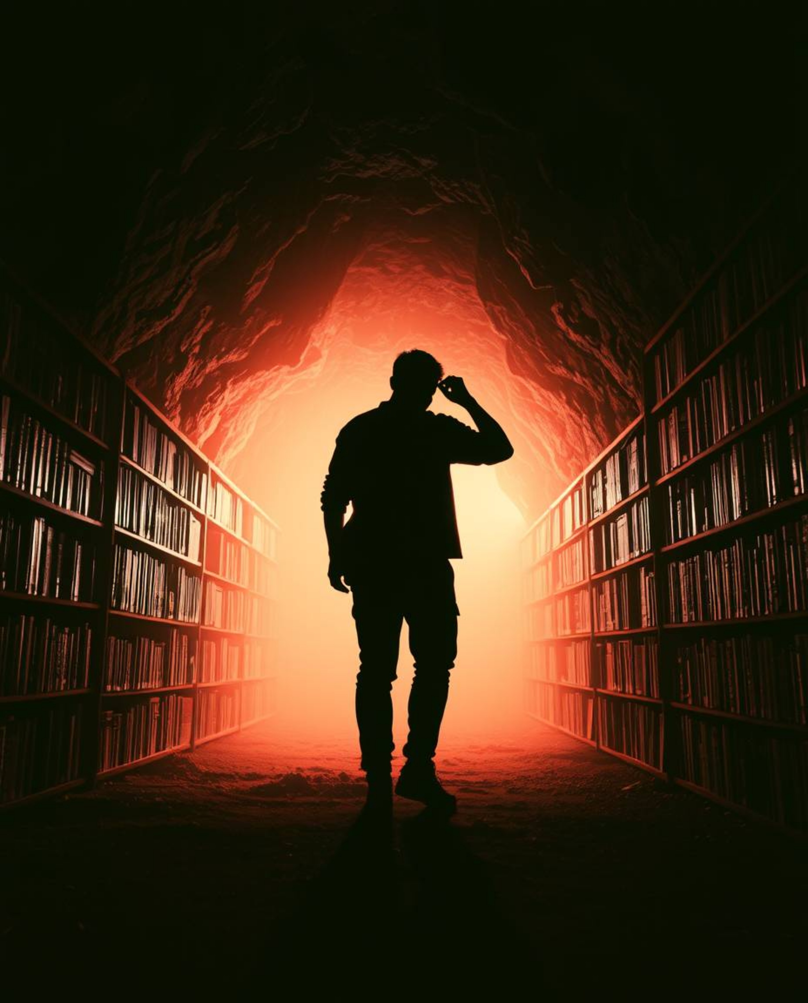 Discover a silhouetted figure's captivating journey into a hidden underground library bathed in infrared tones and dramatic b
