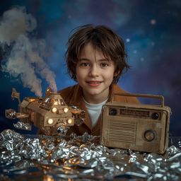 A breathtaking high fashion photography shoot captures a young boy with bright, curious eyes and fair skin, immersed in his f