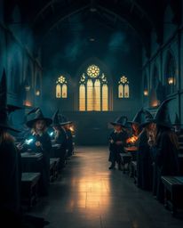 Immerse yourself in a magical school teeming with young wizards, captured in a dramatic cinematic style. Experience a mystic