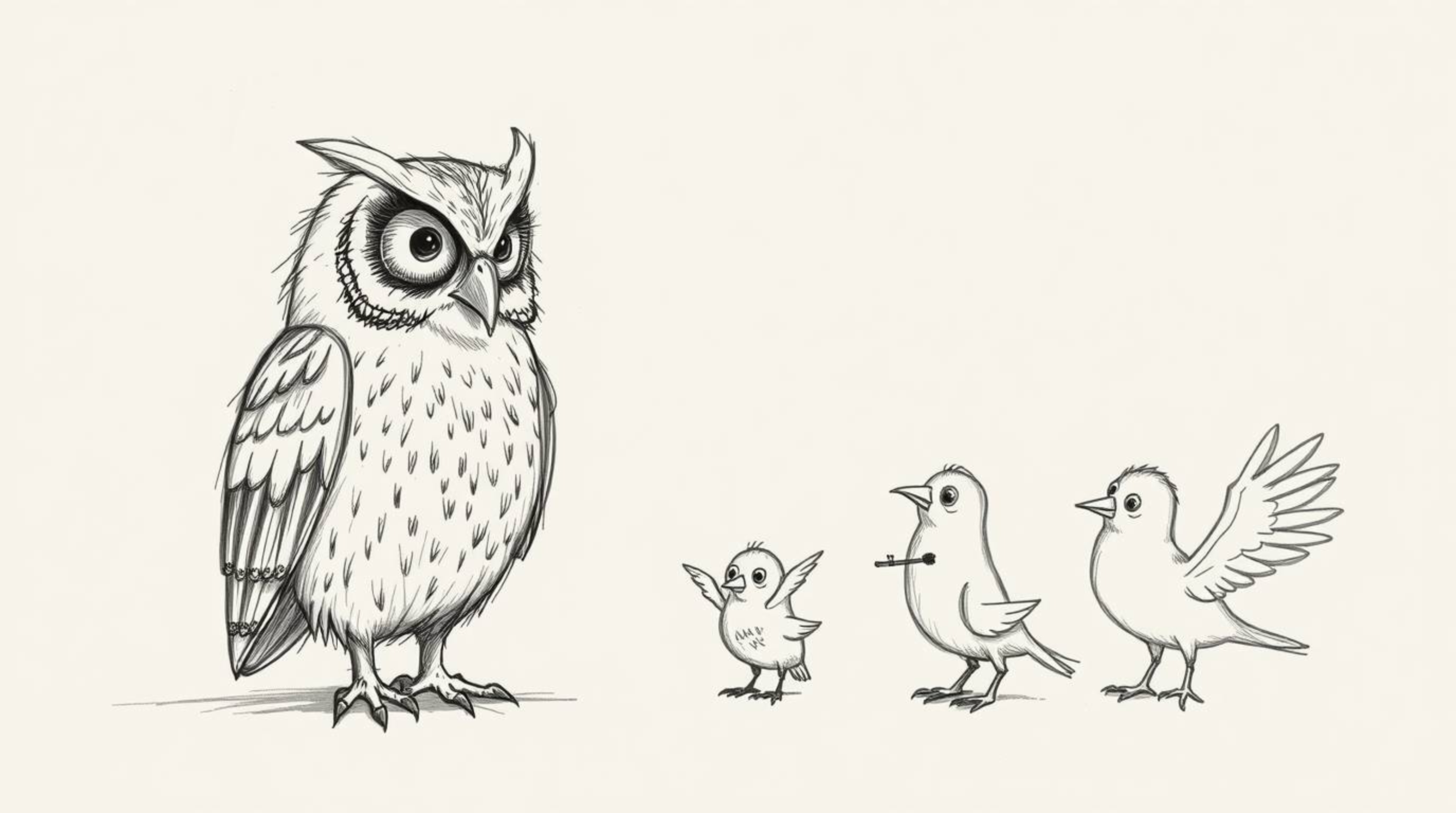 A captivating scene featuring a blind owl, drawn in a textured, hand-drawn sketch style akin to Pixar, guiding a flock of bir