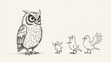 A captivating scene featuring a blind owl, drawn in a textured, hand-drawn sketch style akin to Pixar, guiding a flock of bir