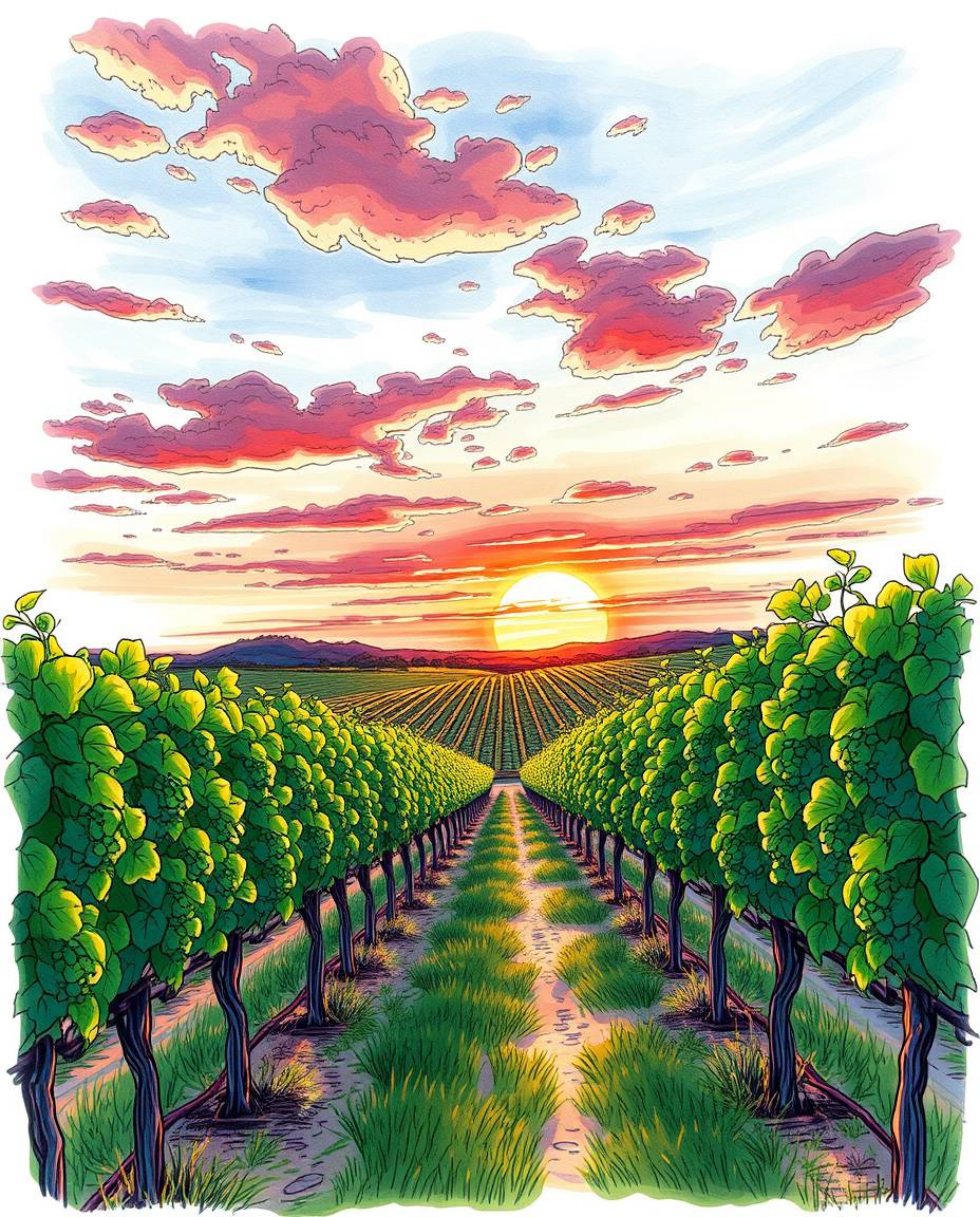 This hand-drawn sketch, rendered in a lively Color sketchnote style, captures a dramatic sunset over a vineyard. From a compe