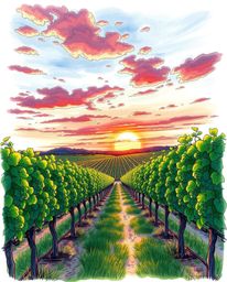 This hand-drawn sketch, rendered in a lively Color sketchnote style, captures a dramatic sunset over a vineyard. From a compe