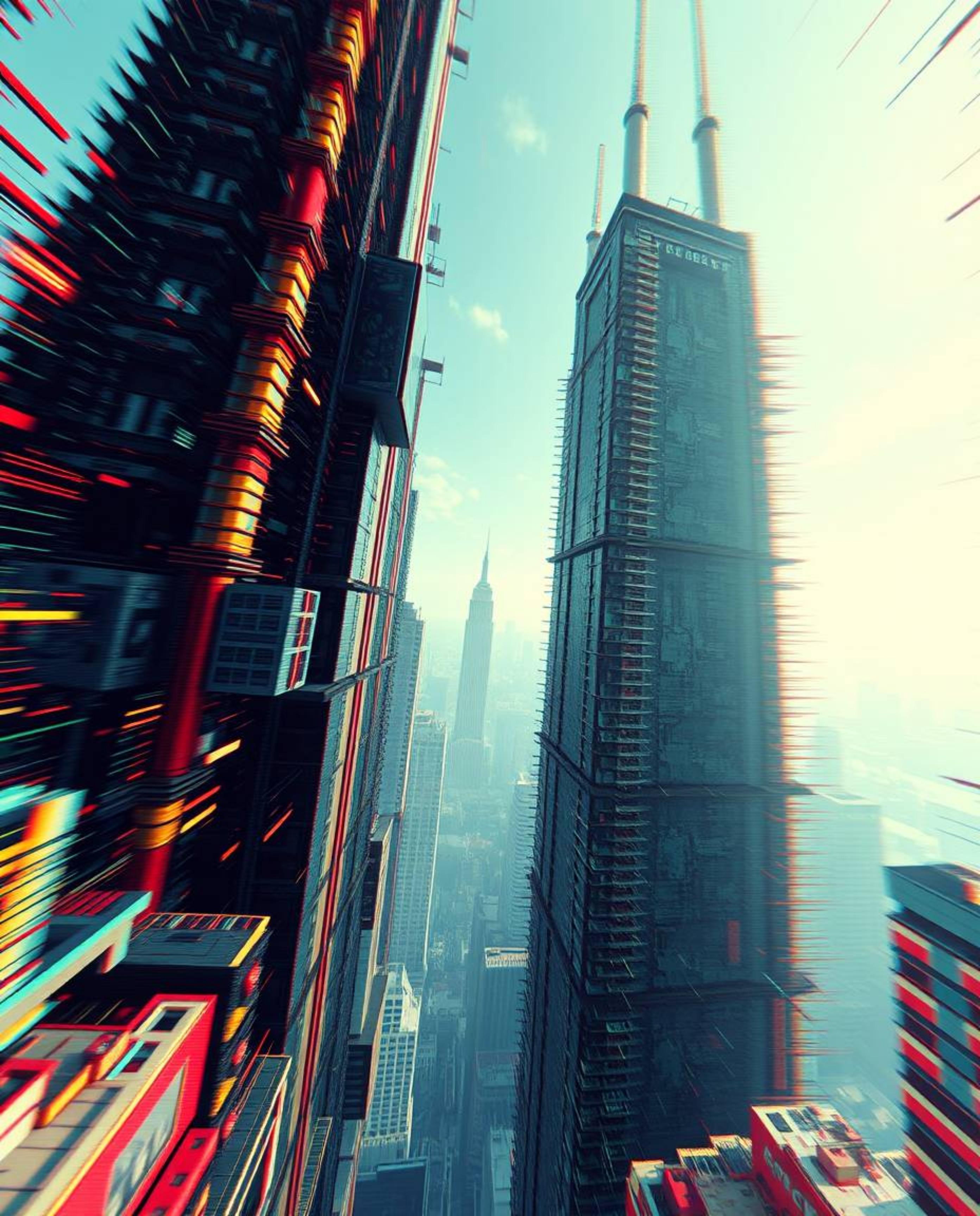 A captivating high-angle perspective unveils a glitchy digital landscape, presenting a unique elevated viewpoint. Distorted s