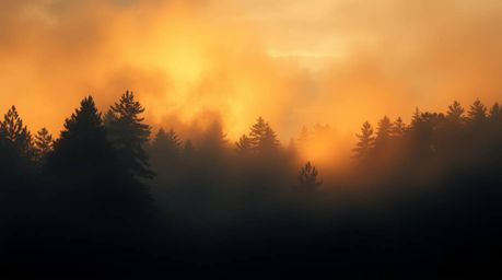 A stunning digital painting capturing the ethereal beauty of mist rising from a forest during the golden hour. The artwork fe