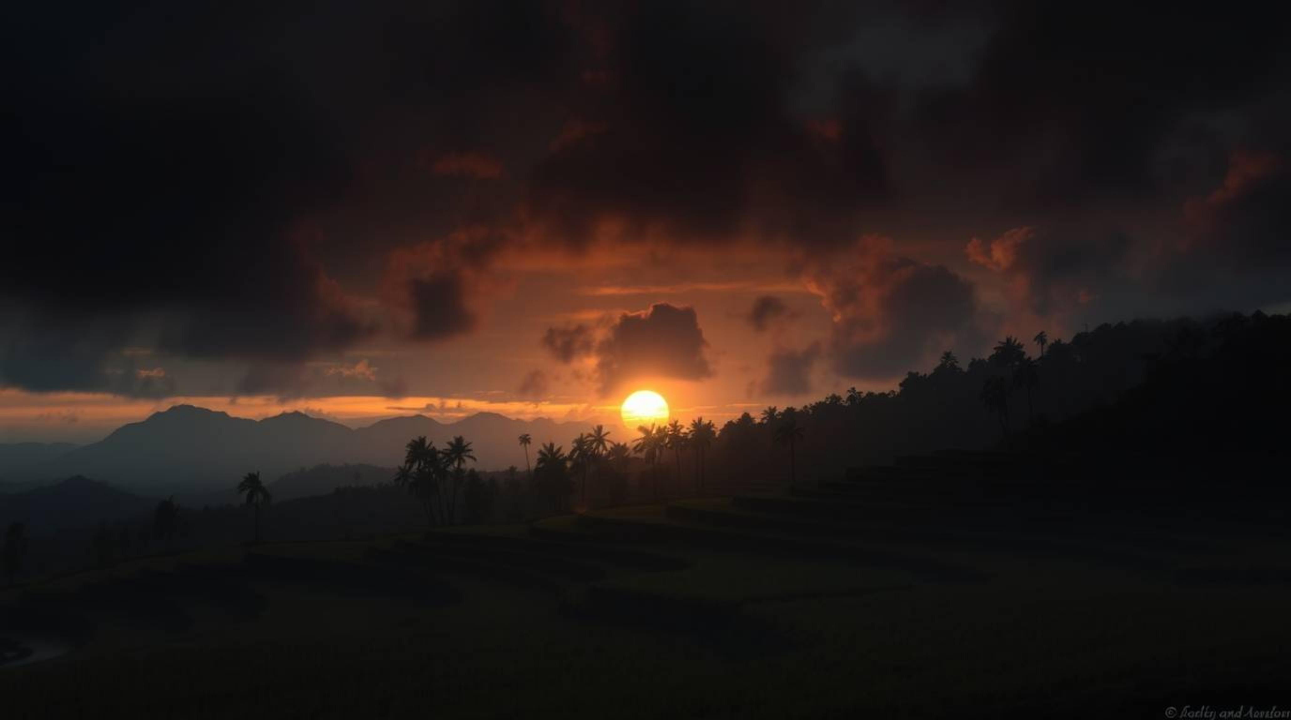 Experience the captivating beauty and unsettling atmosphere of a sunset over rice terraces. This collection features dramatic