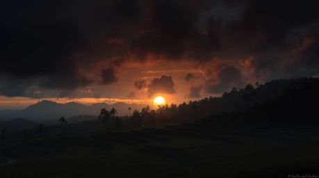Experience the captivating beauty and unsettling atmosphere of a sunset over rice terraces. This collection features dramatic