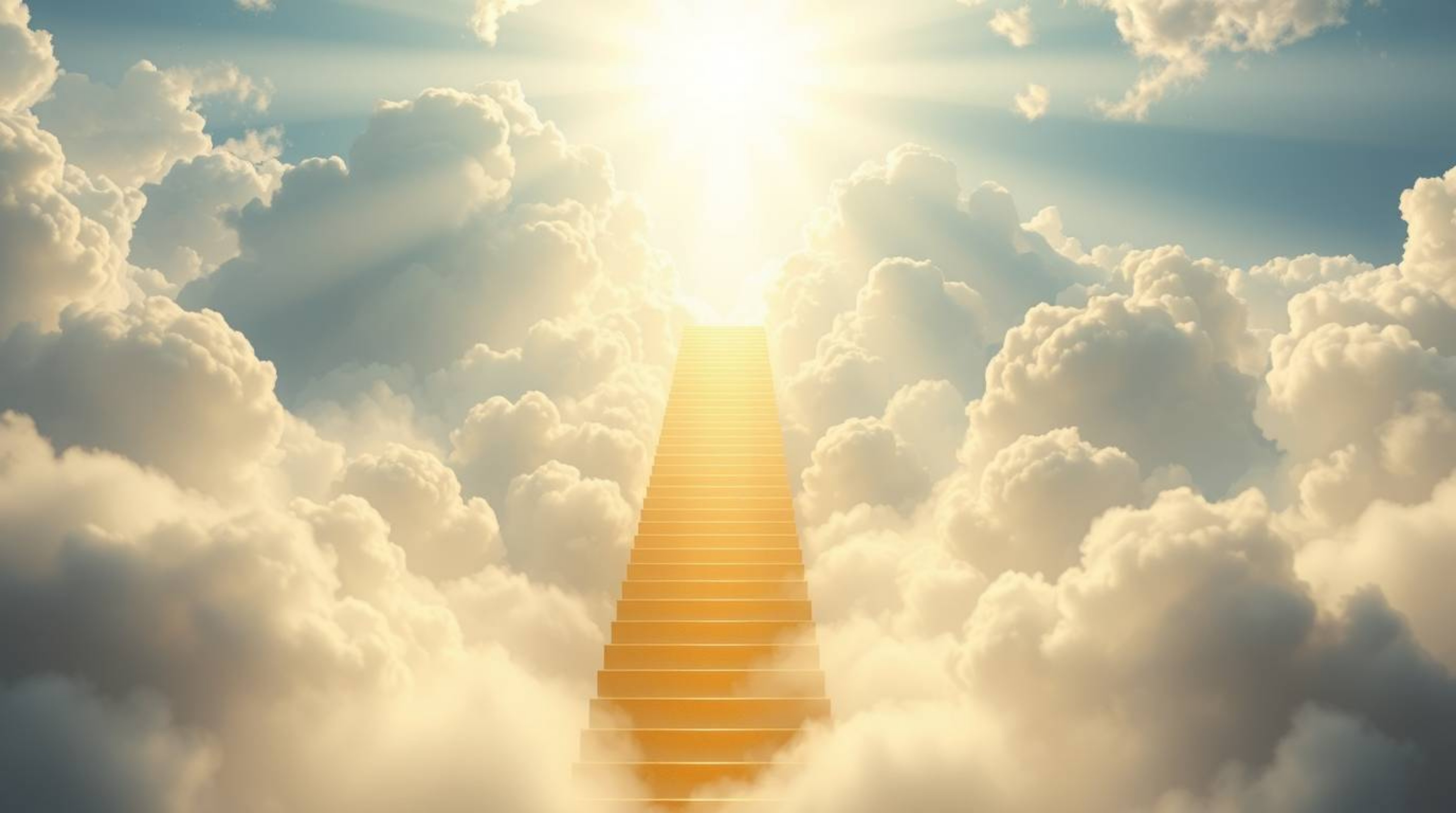 A breathtaking digital painting depicts a golden staircase ascending through ethereal clouds towards a radiant heaven.  Sunli