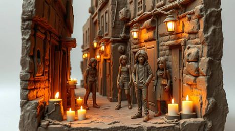 This sculptural clay art piece depicts a gritty urban scene: a grungy city alley inhabited by rebellious teens, bathed in the