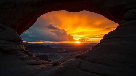 A breathtaking photograph captures a vibrant sunset viewed through a natural desert rock arch.  The image showcases intense, 