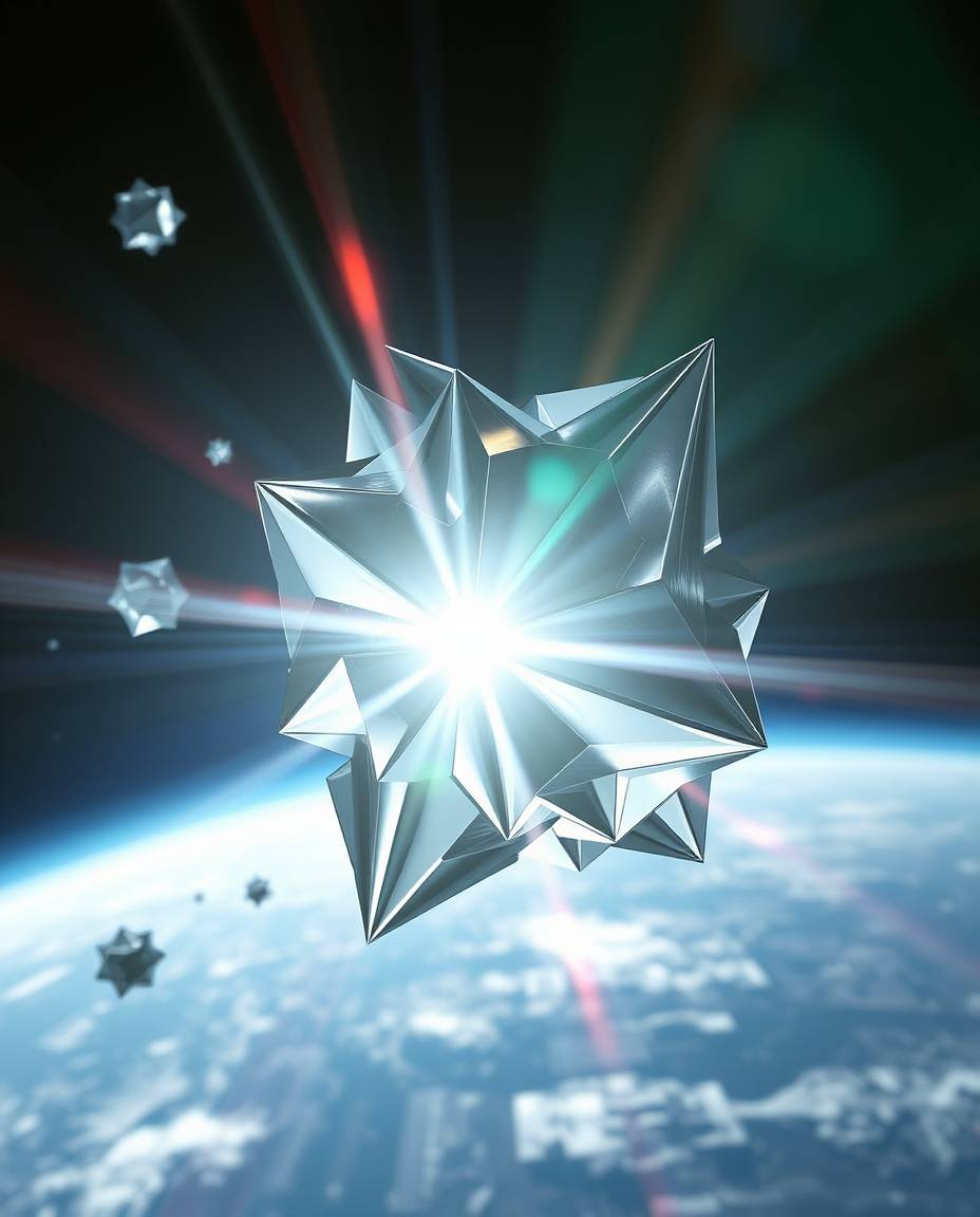 Intricate 3D metallic shapes, reminiscent of origami, float effortlessly in zero gravity, illuminated by a bright lens flare 