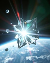 Intricate 3D metallic shapes, reminiscent of origami, float effortlessly in zero gravity, illuminated by a bright lens flare 