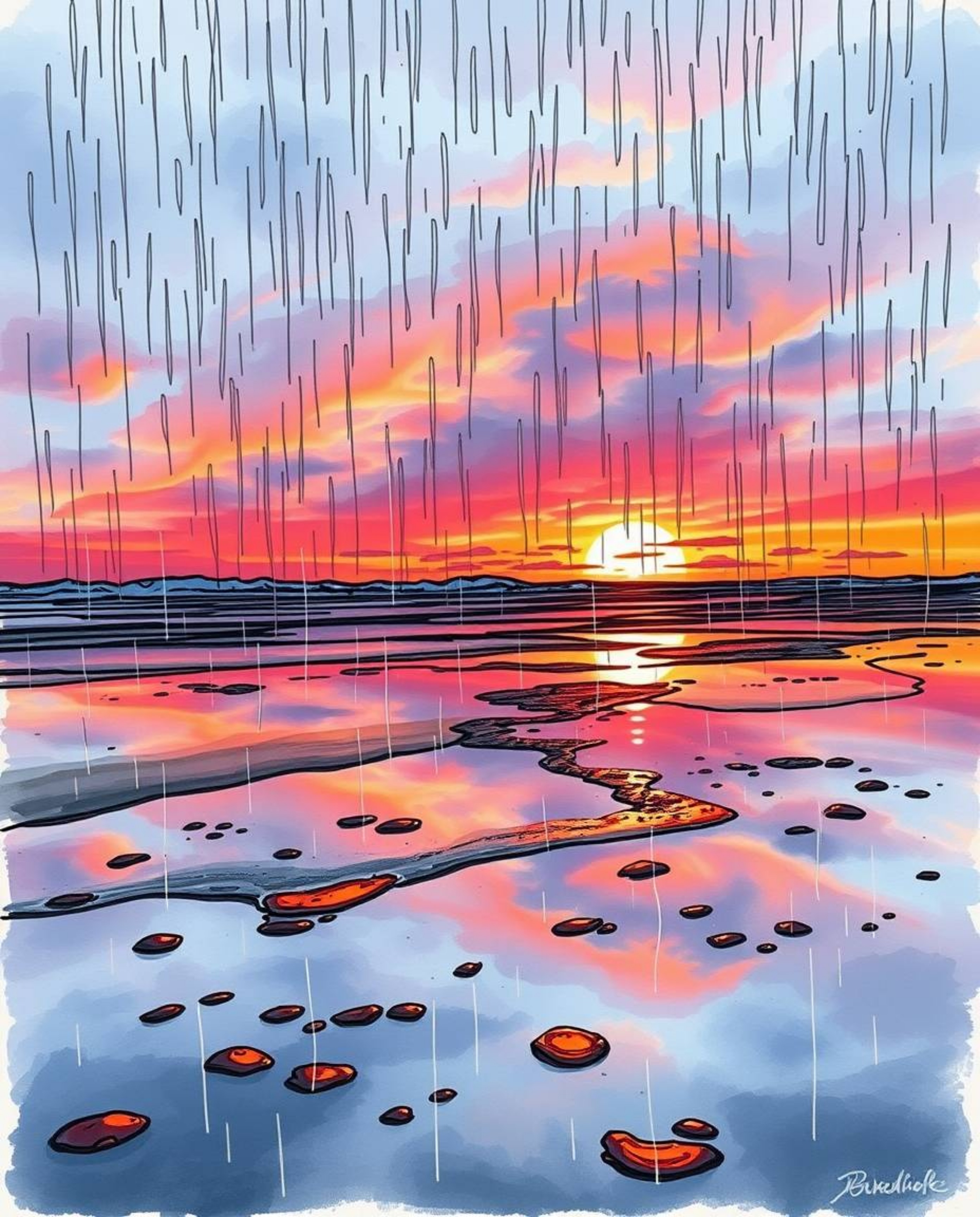 A color sketchnote style hand-drawn sketch illustrates a wet, rainy scene where a sunset sky is mirrored in the tidal pools o