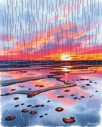A color sketchnote style hand-drawn sketch illustrates a wet, rainy scene where a sunset sky is mirrored in the tidal pools o